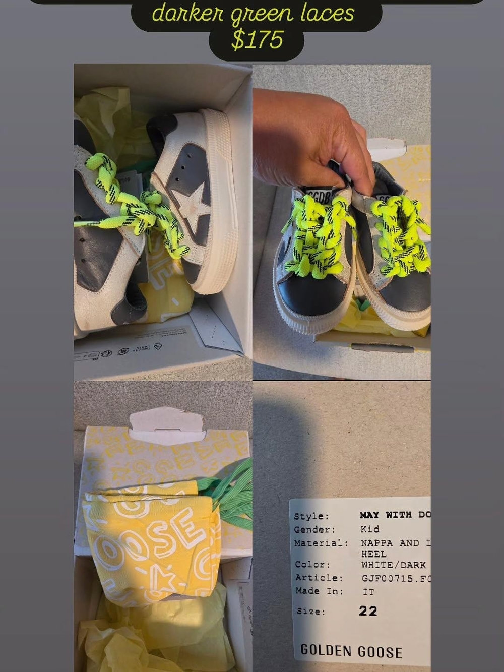Golden Goose Kids White, Dark Gray & Neon Yellow Lace Sneakers